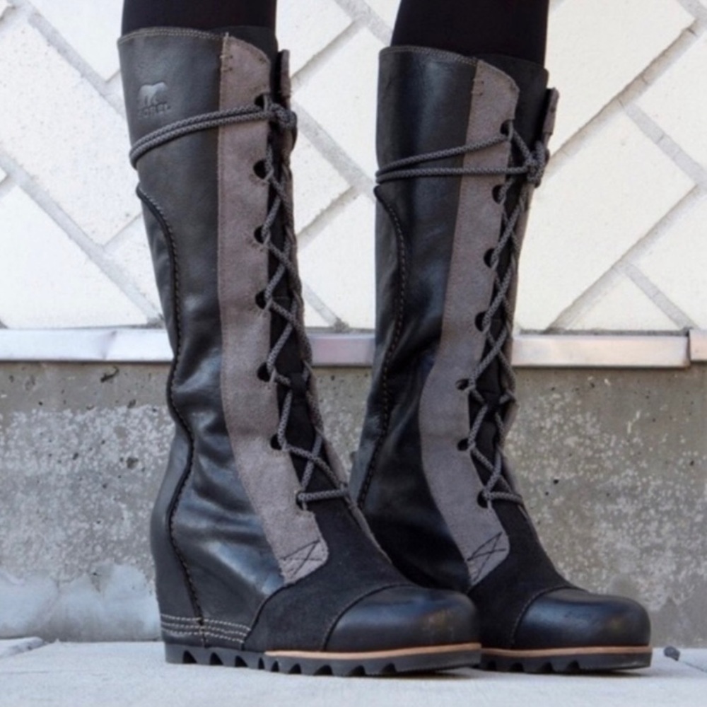 RARE🔥 Sorel Cate the Great‎ Wedge Lace-Up Leather Boots, Black - Picture 2 of 12